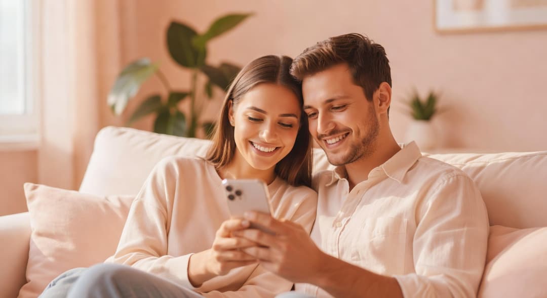 Happy couple using the Bae AI baby photo generator iPhone app together at home