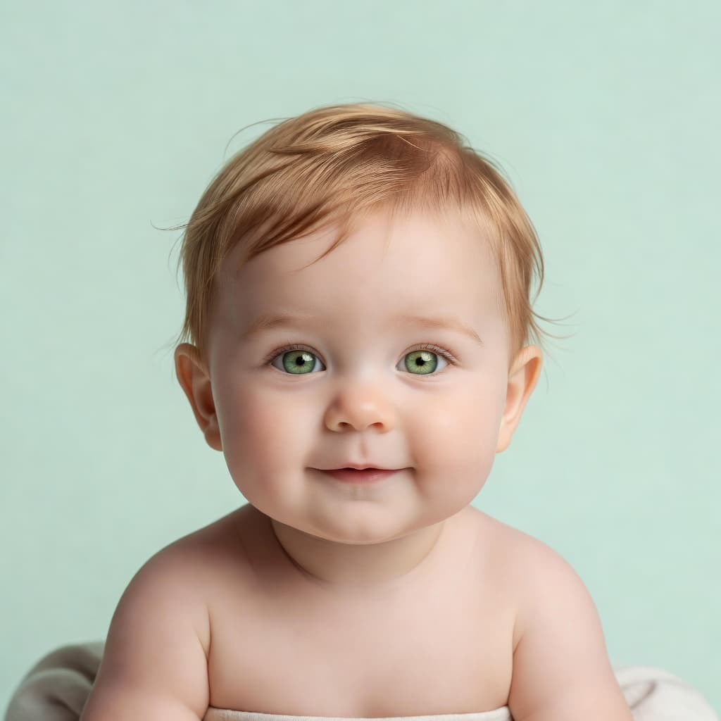 AI baby preview card example — soft mint backdrop, calm expression
